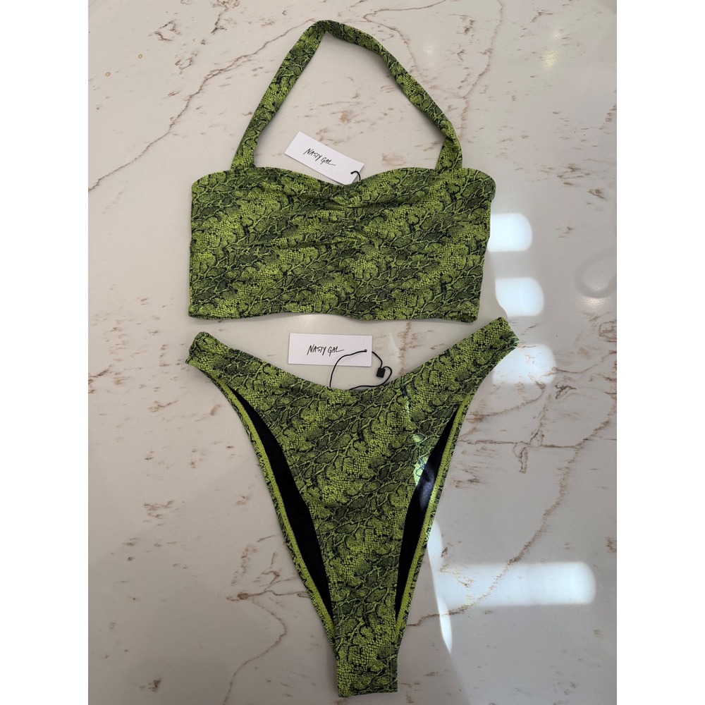 Nasty Gal Lime Green Snakeskin Halter Bikini Set Neon Animal Print Two Piece NEW